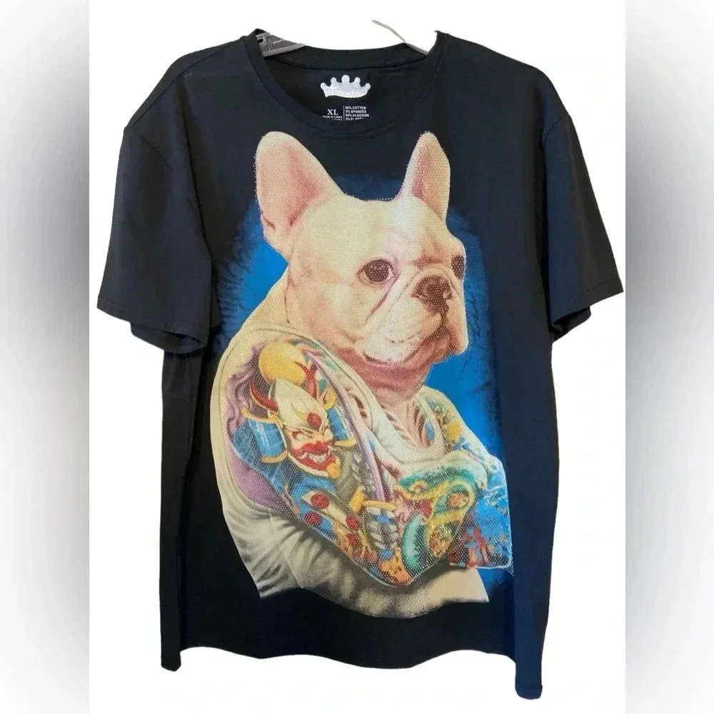 A black T-shirt with a tattooed white French bulldog.